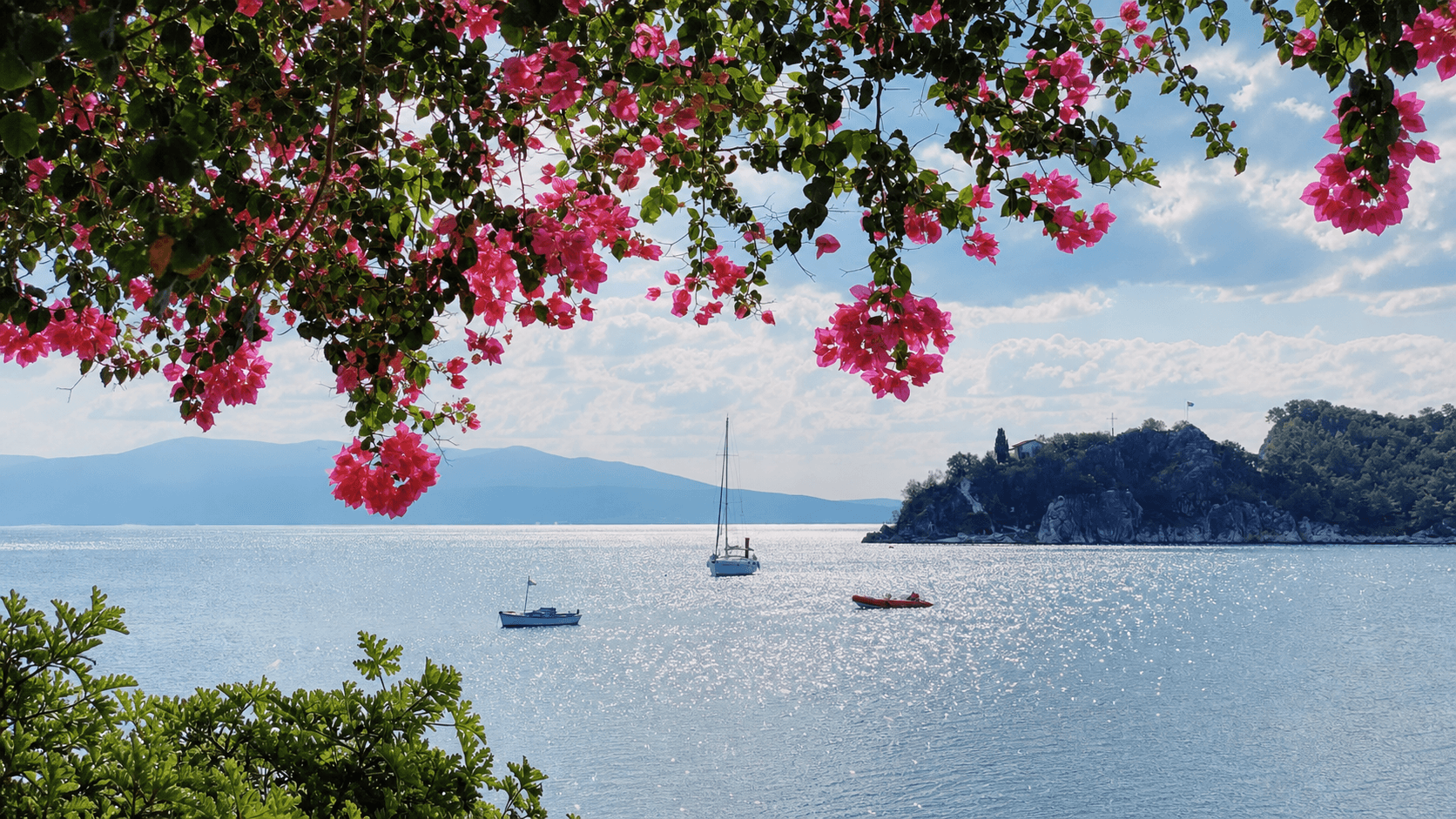 Tolo Bay framed by bougainvillea