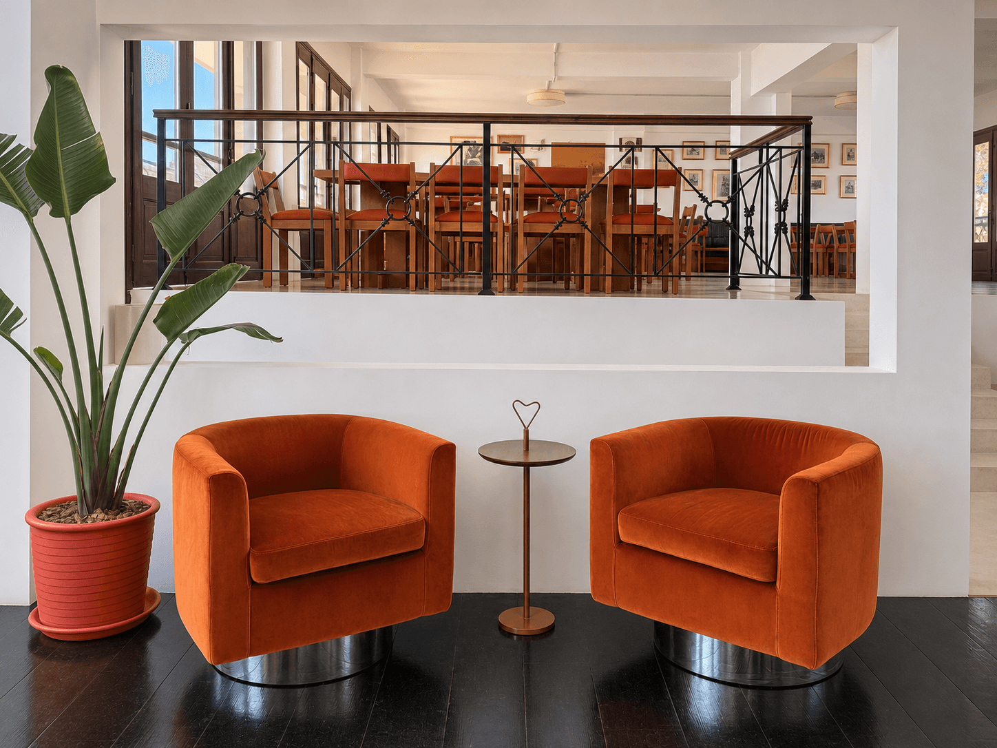 Orange-chair conversation nook inside the hotel